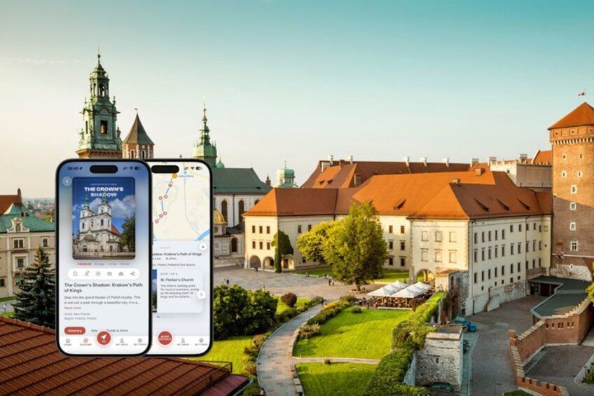 A smartphone displaying a travel app with a view of a historic castle and surrounding buildings. 1