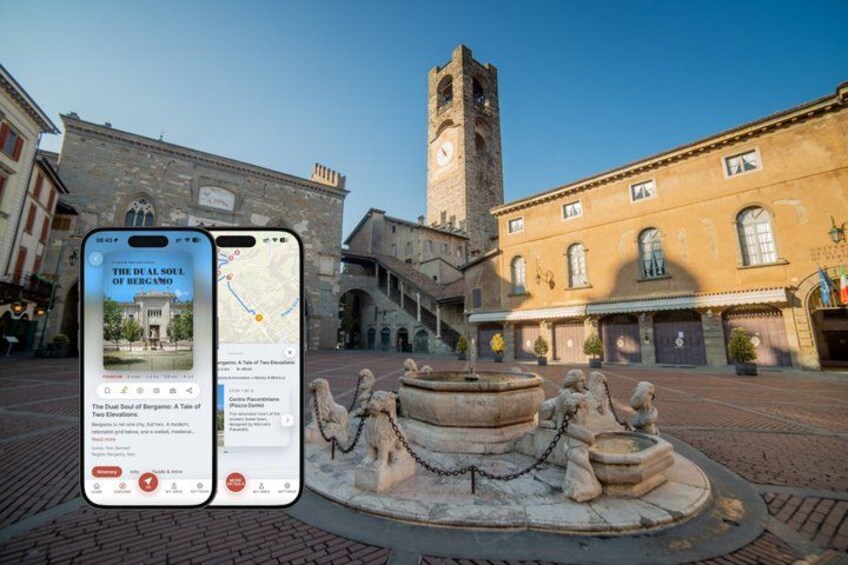 A historic square with a fountain, a clock tower, and a smartphone displaying a map. 1
