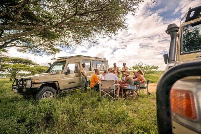 A safari vehicle parked in a grassy area with people sitting around a table. 3
