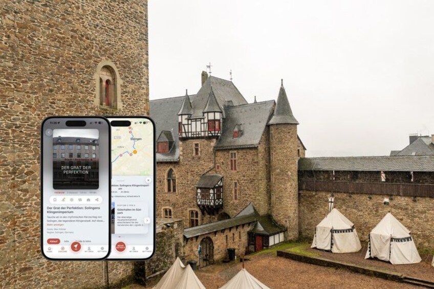 A historic building with stone walls and a turret, and a smartphone displaying a map and information about the location. 1