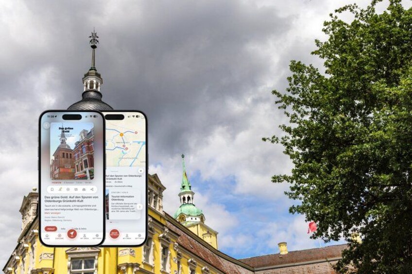 A smartphone displaying a map with a building and a green spire in the background. 1