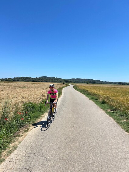 A cyclist on a paved path through a rural landscape with fields and a clear sky. 2