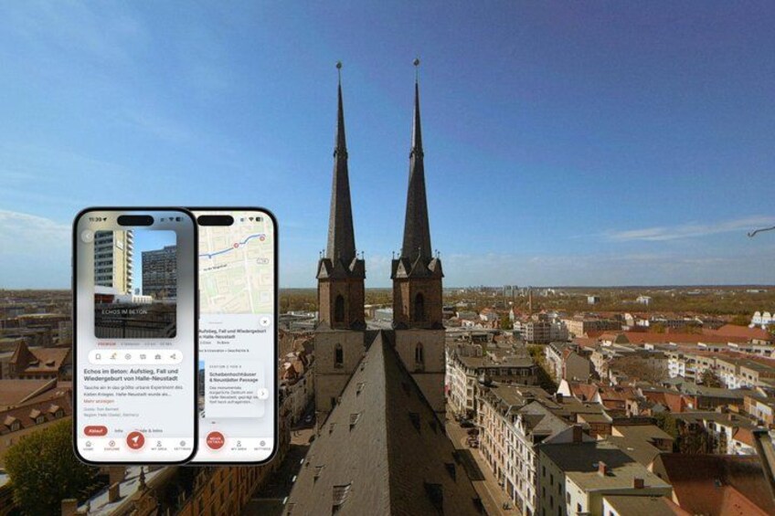 A smartphone displaying a map and a view of a city with two prominent church spires. 1