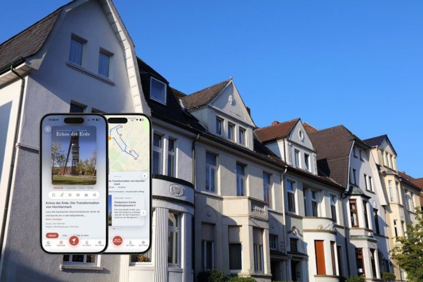 A row of historic buildings with a smartphone displaying a map and information about a nearby landmark. 1