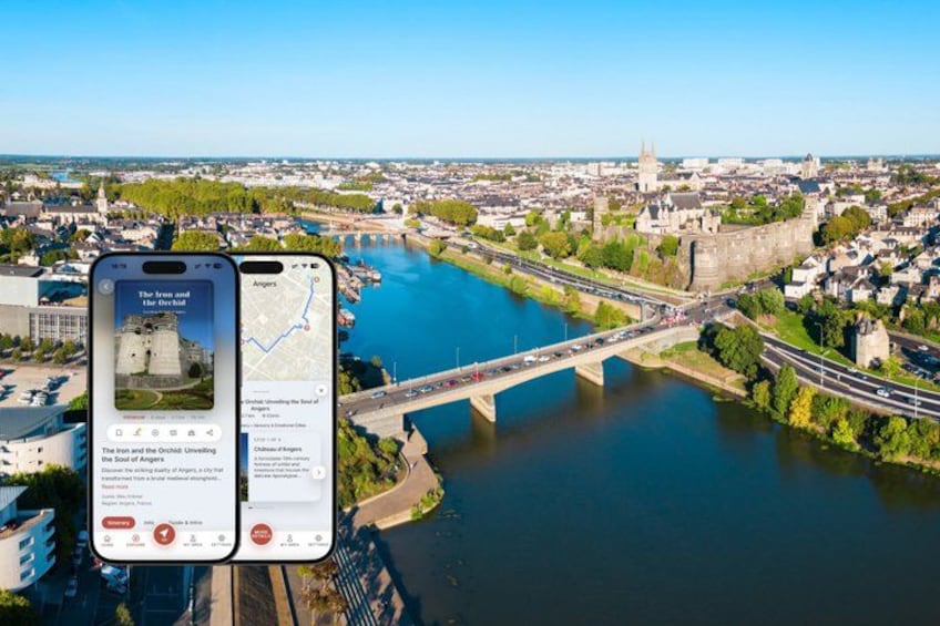 A smartphone displaying a map with a cityscape in the background, including a river, bridges, and historic buildings. 1