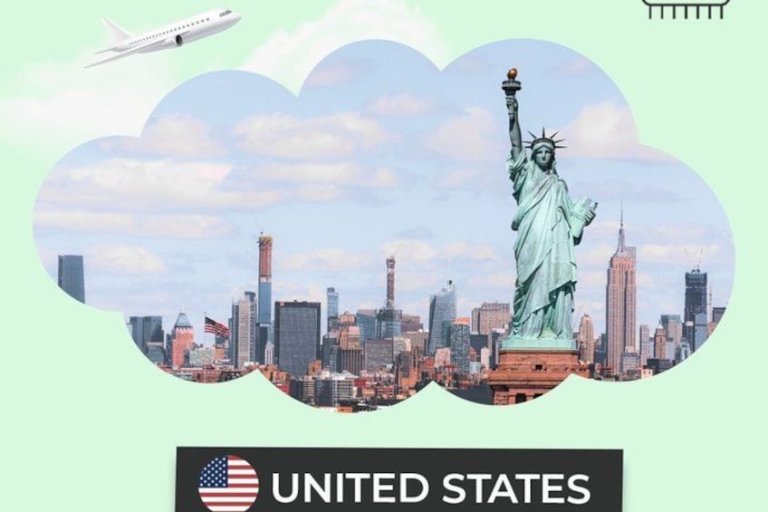 The Statue of Liberty, a city skyline, and an airplane. 1