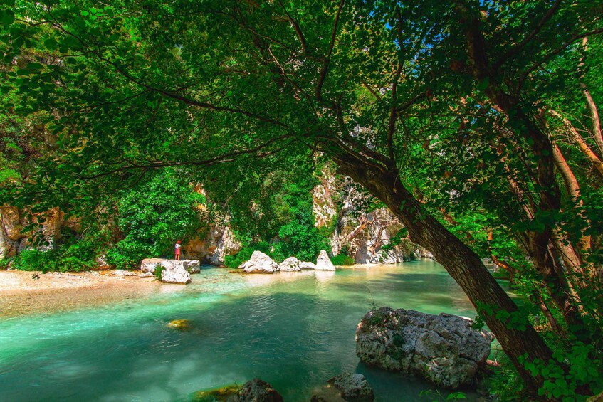A river surrounded by lush greenery and rocky outcrops. 5