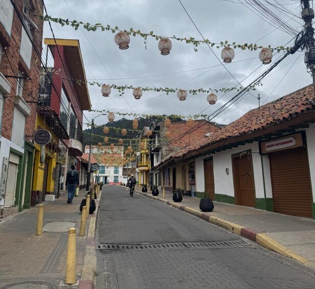 A street lined with buildings, some with signs, under a canopy of hanging lanterns. 4