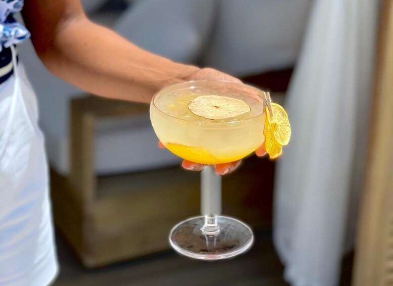 A person holding a cocktail glass with a slice of orange and a lemon slice garnish. 2
