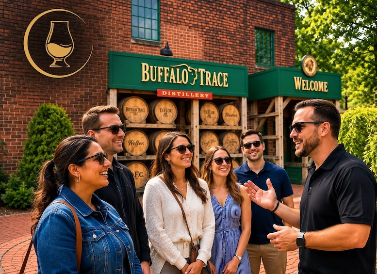 Eine Gruppe von Menschen steht vor einem Backsteinhaus mit einem Schild, auf dem 'BUFFALO TRACE DISTILLERY' steht. 1