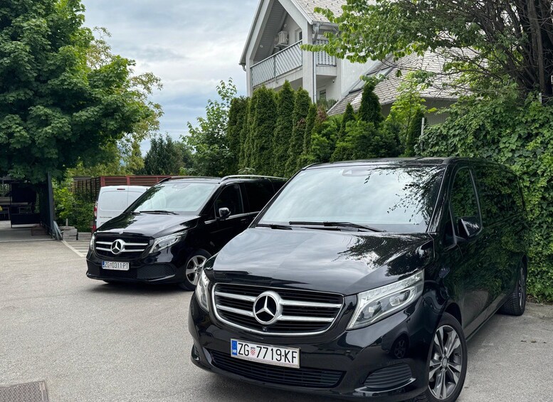Two black Mercedes-Benz cars parked in a driveway with a house and lush greenery in the background. 1