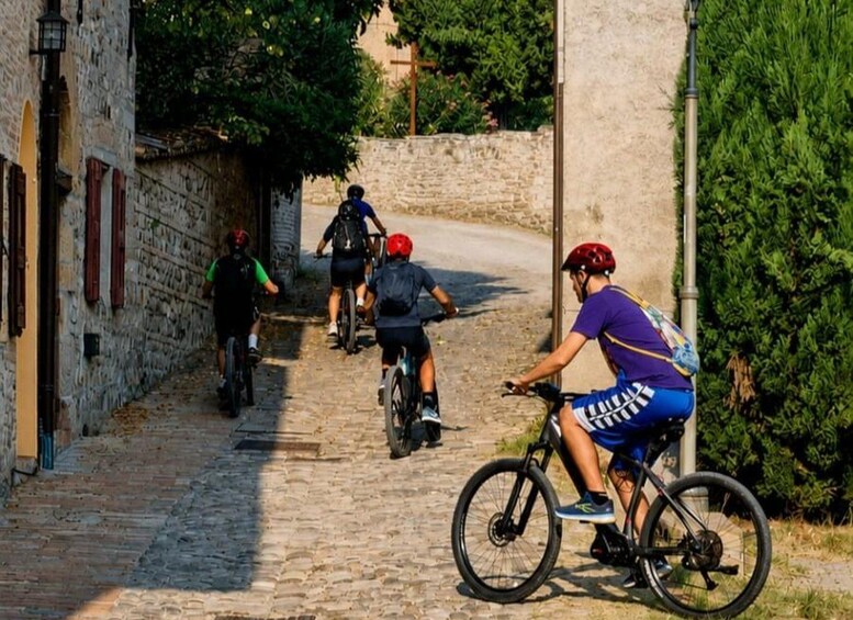 Cykler på en brostensbelagt gade med stenhuse og grønt. 4