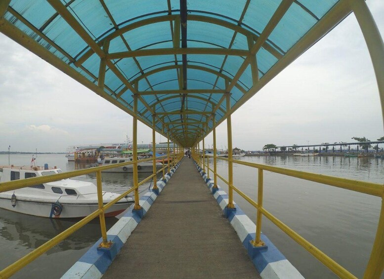 A covered walkway with yellow railings and a blue canopy, leading to a body of water with boats and a distant pier. 1