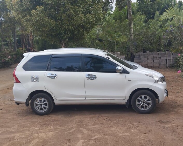 A white SUV parked on a dirt road with trees and a brick wall in the background. 5