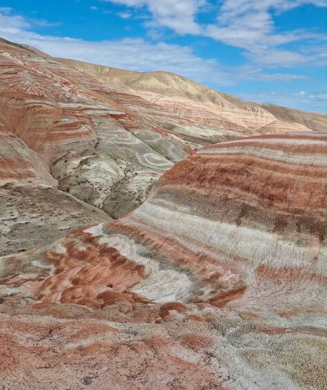 A landscape with layered rock formations in various colors. 5