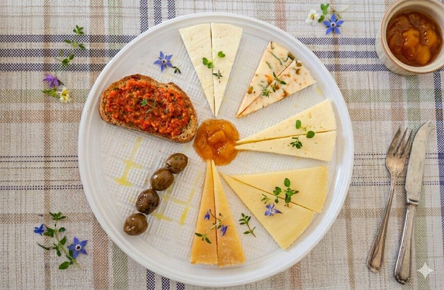 A plate with various cheeses, olives, and a tomato-based spread. 5