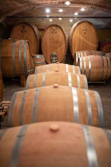 Wooden wine barrels in a cellar with metal bands. 2