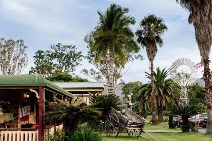 A building with a green roof, palm trees, and a windmill. 3