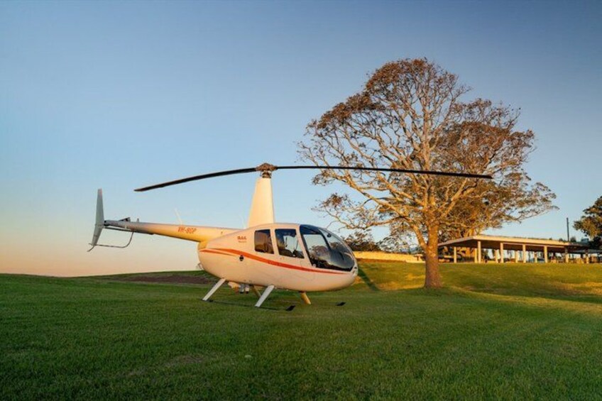 A helicopter parked on a grassy field with a tree and a building in the background. 1