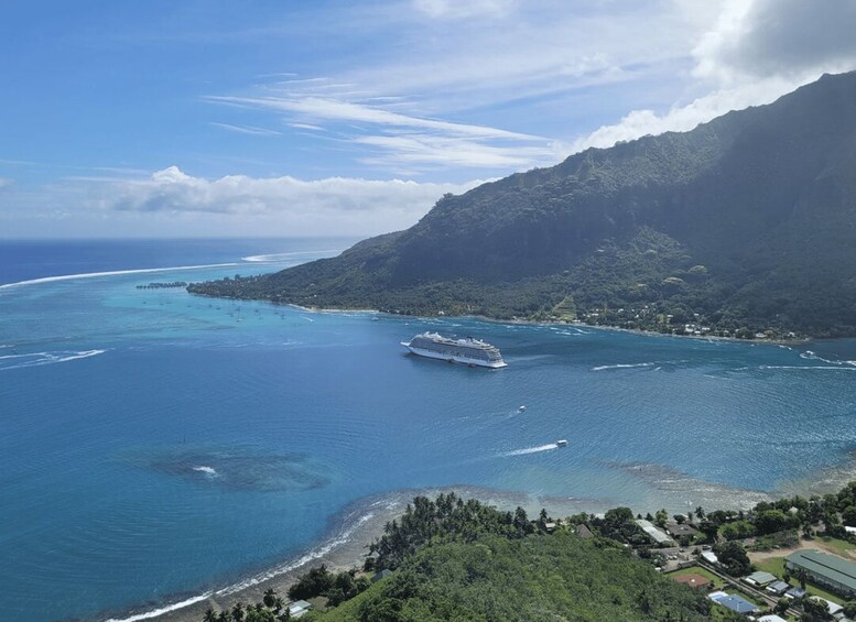 A cruise ship navigating near a tropical island with clear skies and calm waters. 5