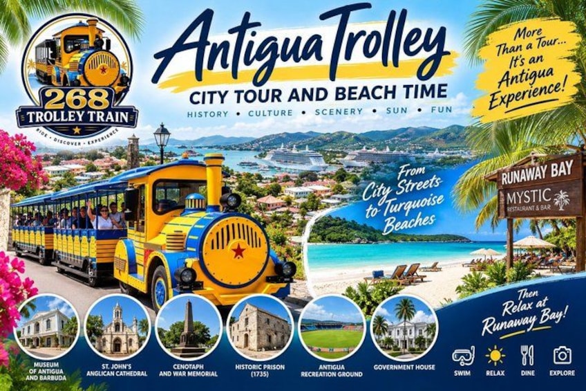 A colorful trolley with a tropical background, including a beach and various landmarks. 1