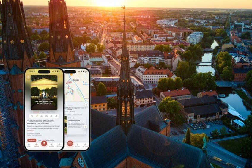 A smartphone displaying a cityscape with a prominent church spire and a river. 1