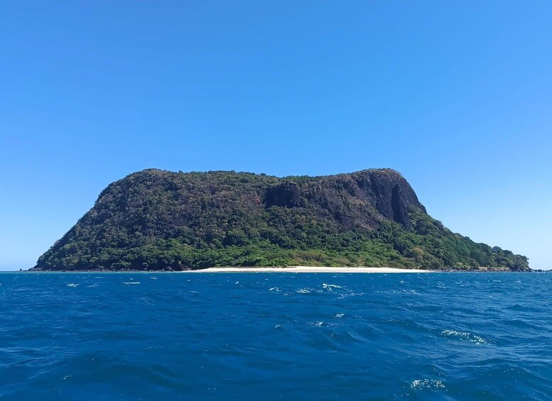 A large, forested island with a prominent peak and a sandy beach. 1