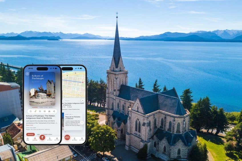 A smartphone displaying a map with a church and a lake in the background. 1