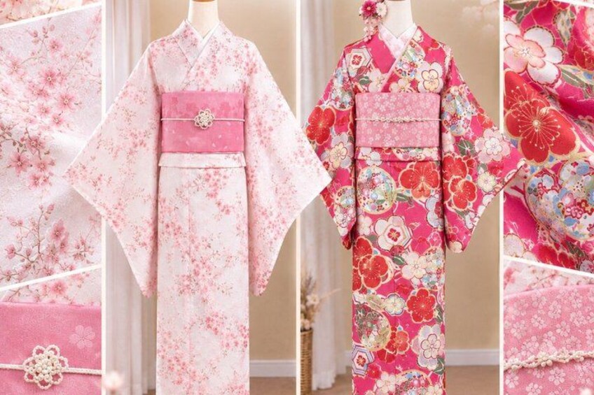 Two kimonos with floral patterns, one pink and one red, displayed on mannequins. 4