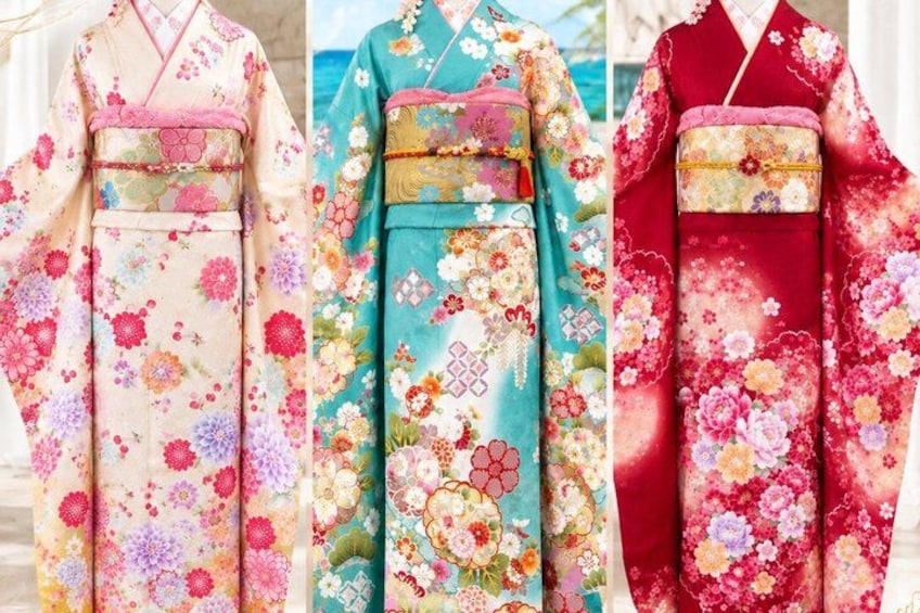 Three kimonos with floral patterns. 2