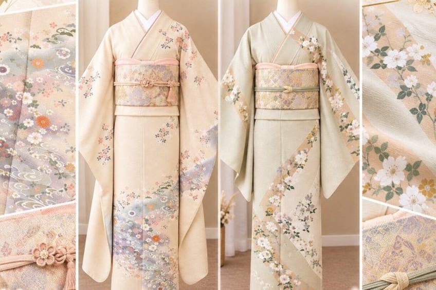 A kimono with floral patterns and a sash. 3
