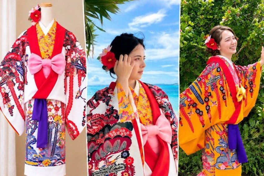 A kimono with floral patterns and a pink bow. 5