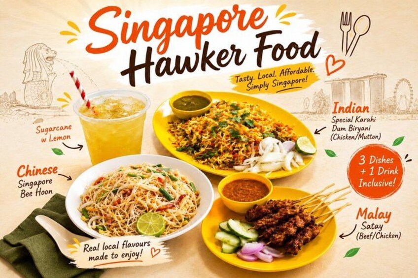 Singapore hawker food with Indian, Chinese, and Malay dishes. 3