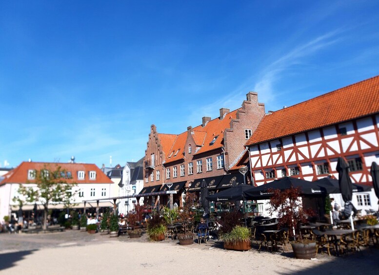 Una plaza de pueblo europeo con edificios de entramado de madera tradicionales, mesas al aire libre y macetas con plantas. 3