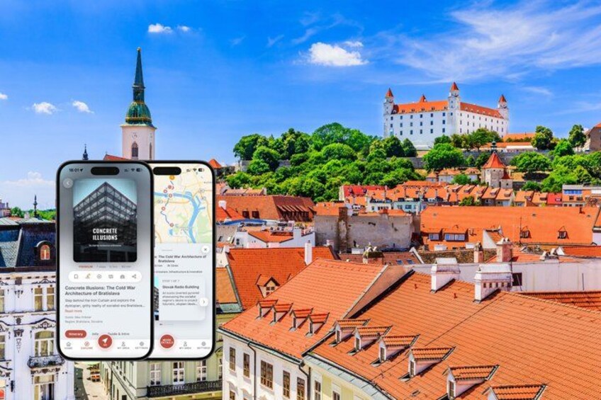 A smartphone displaying a map and a castle on a hill. 1