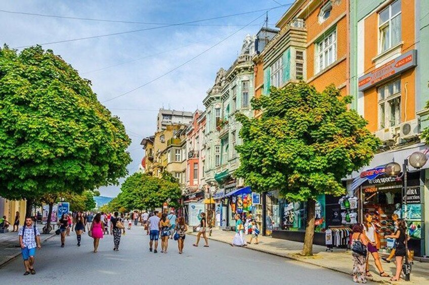 A bustling street lined with colorful buildings and trees. 3