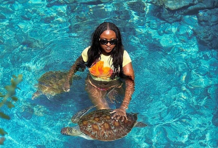 A person in a pool with sea turtles. 3