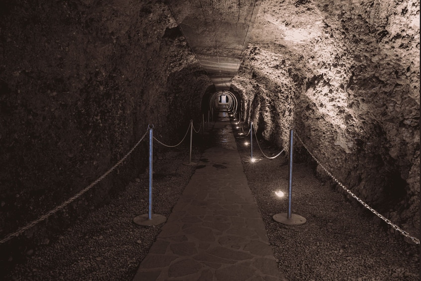A stone pathway leading through a tunnel with metal railings and lights. 1
