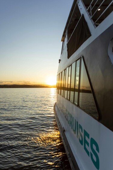 A cruise ship with 'CRUISES' written on its side, reflecting the sunset on the water. 1