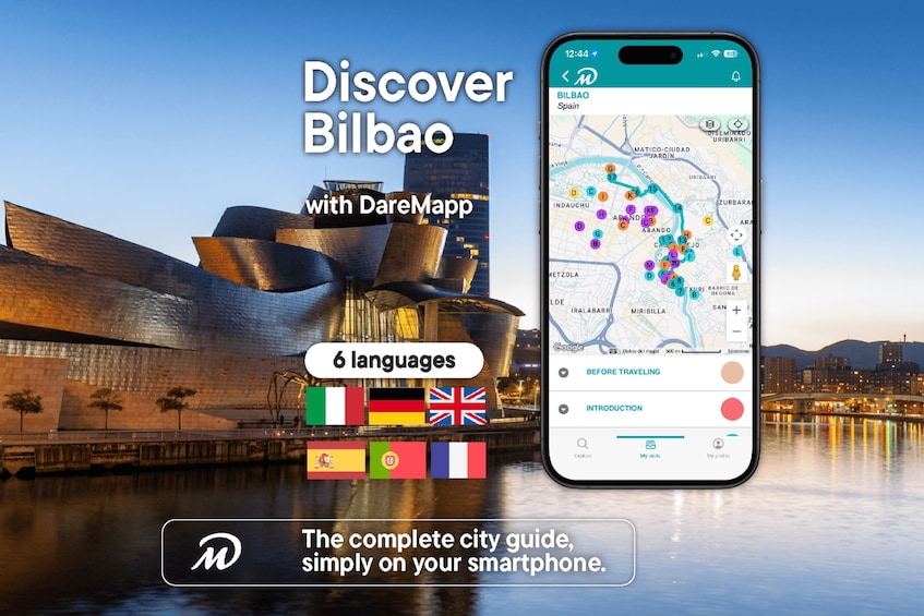 A smartphone displaying a map with various location markers, a city guide interface, and a large building with a metallic structure. 1