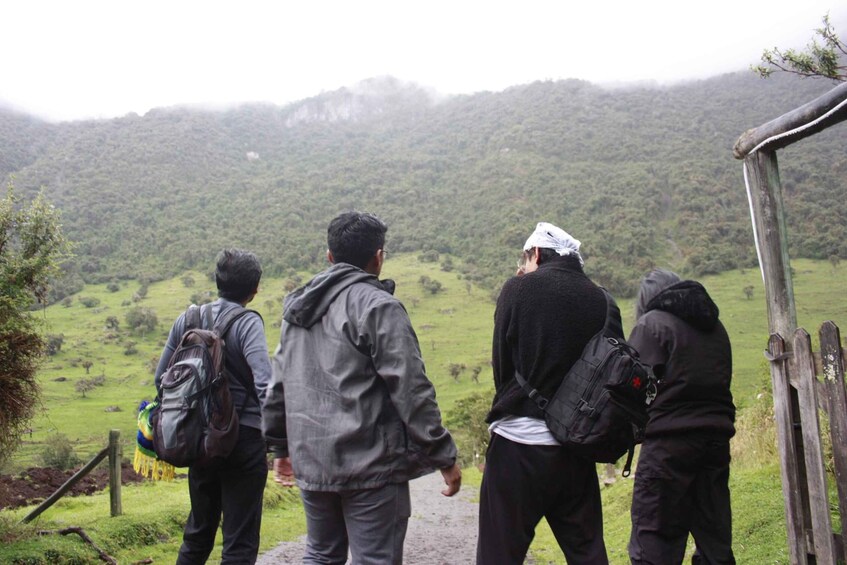 Four hikers walking on a path with a mountainous landscape in the background. 5