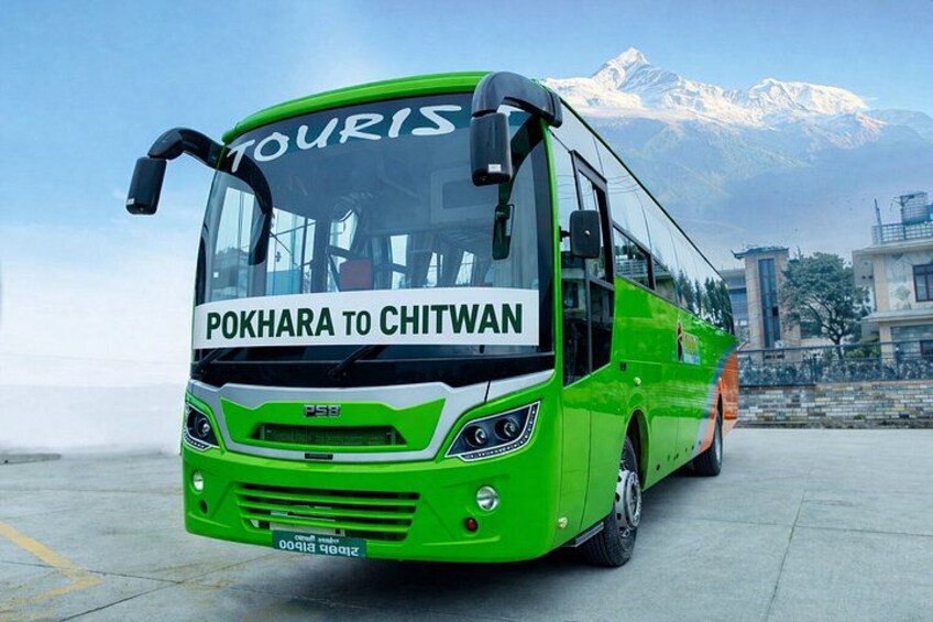 A green bus with 'POKHARA TO CHITWAN' written on the front, parked on a paved area with a mountainous background. 3