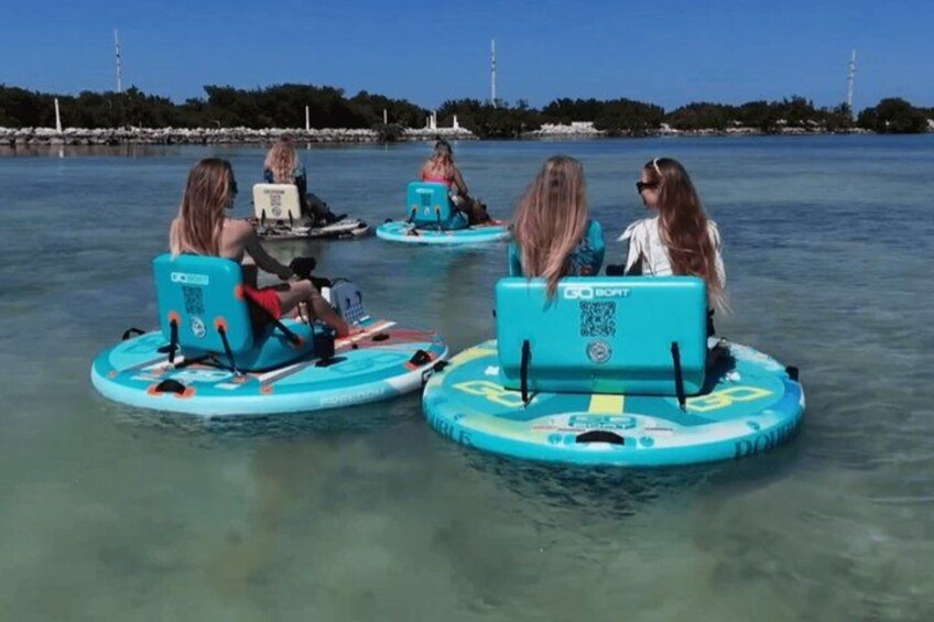 People on watercraft in a body of water with a clear sky and distant land. 3