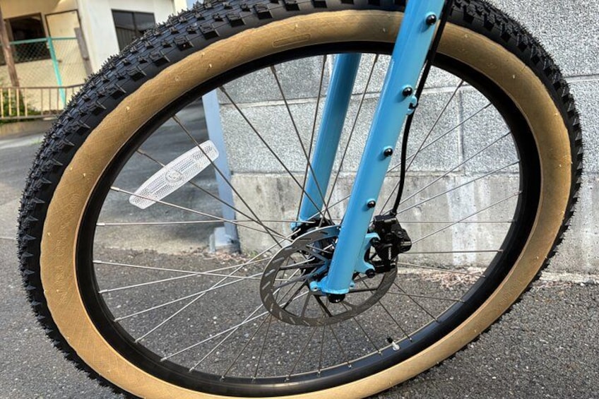 A bicycle wheel with a blue frame and a tire with a gold rim. 3