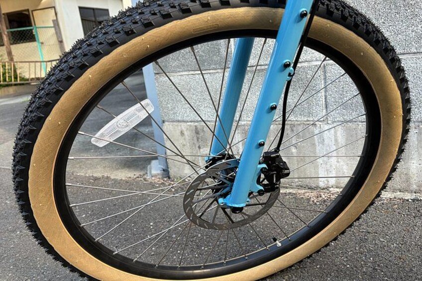 A bicycle wheel with a blue frame and a tire with a gold rim. 3