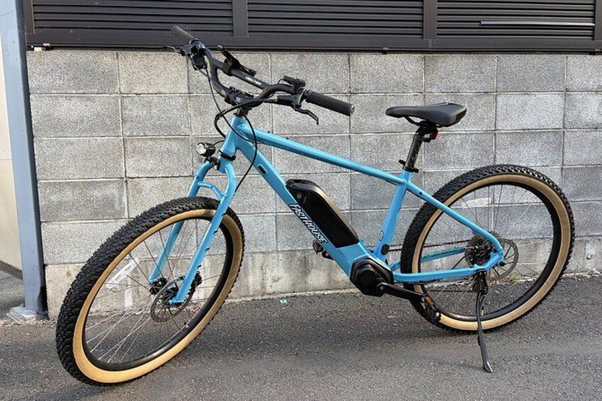 A blue electric bicycle parked against a brick wall. 1