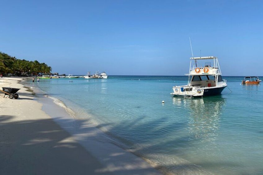 A beach with a boat anchored near the shore, palm trees, and calm blue water. 1