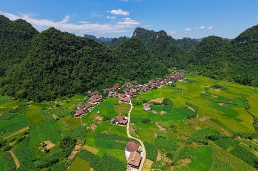 An aerial view of a village with houses and terraced fields. 2