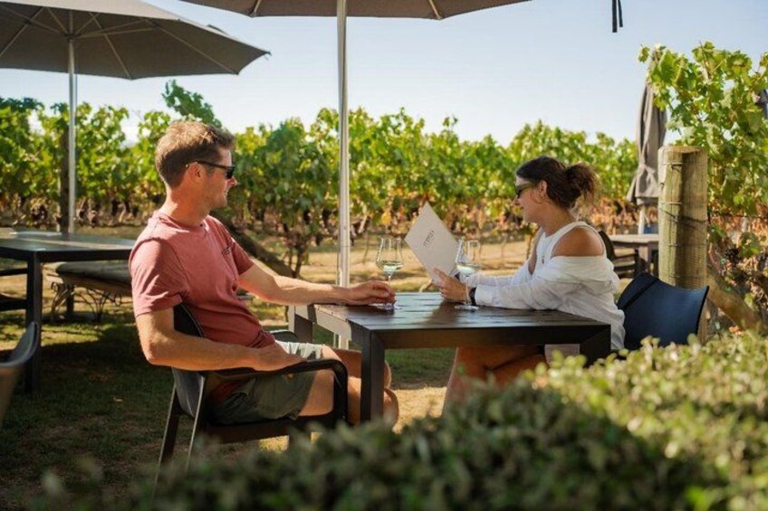 Two people sitting at an outdoor table in a vineyard. 5