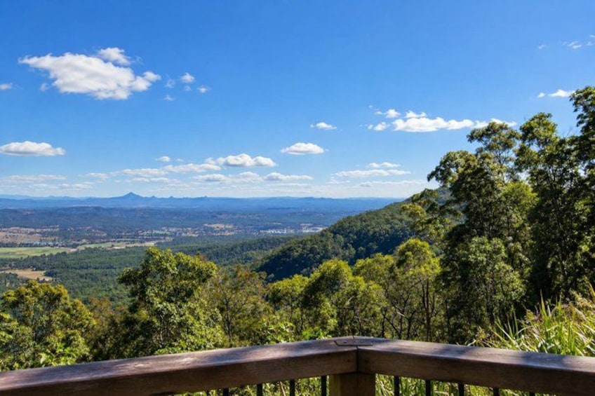 A forested landscape with a wooden railing, a distant mountain, and a clear blue sky. 4